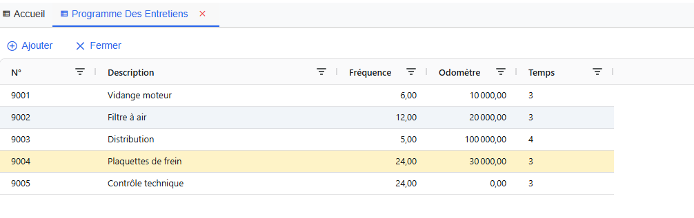 Liste des programmes d'entretien