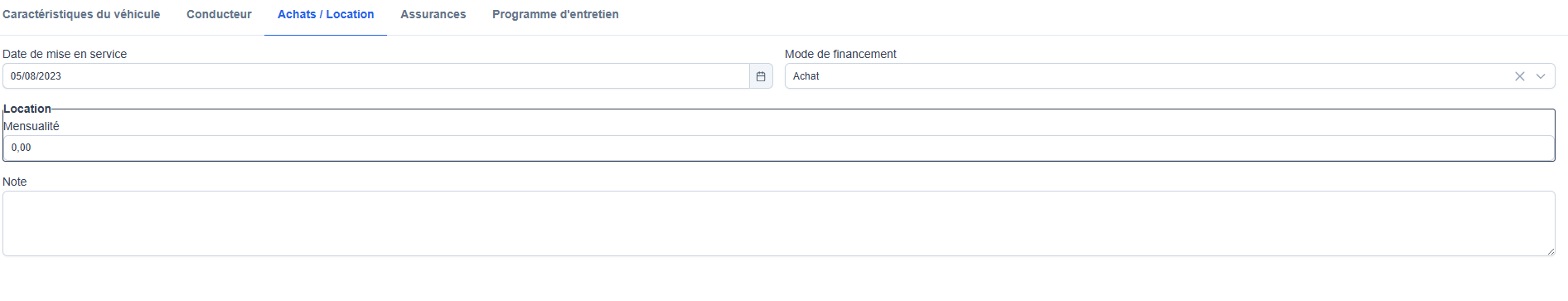 Onglet Achats / Location