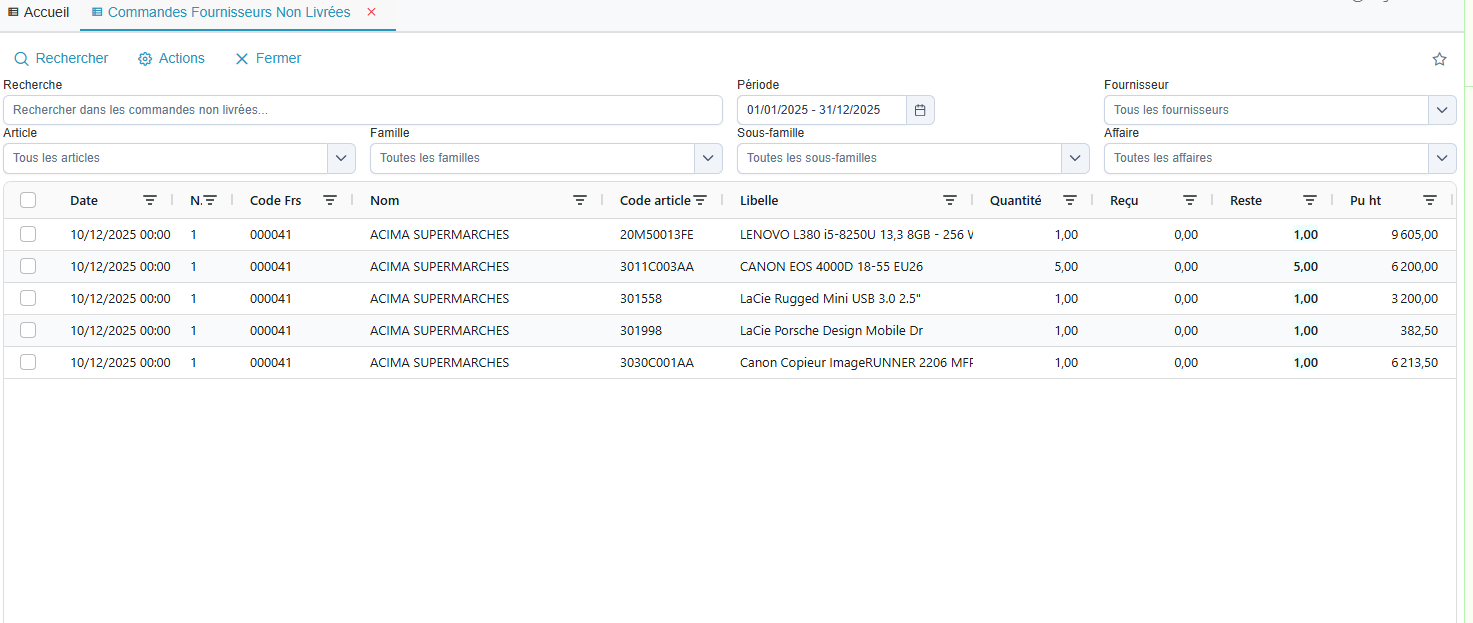 Journal commandes fournisseurs non livrees