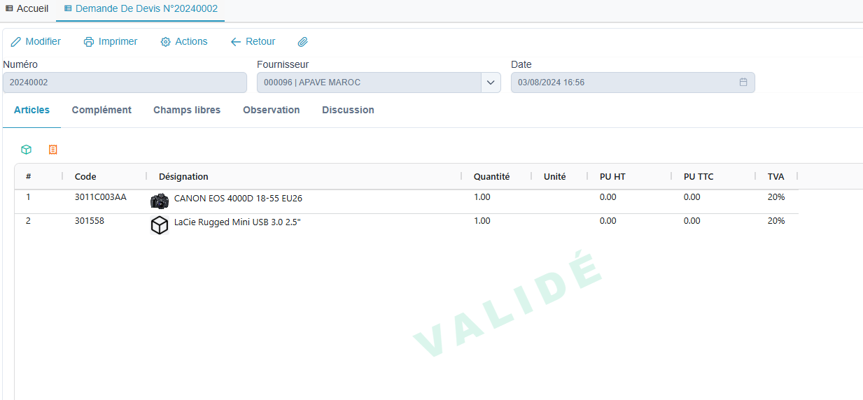 Fiche demande de devis