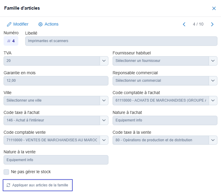 Bouton « Appliquer aux articles de la famille » sur la fiche famille, pour propager la codification comptable à tous les articles de la famille