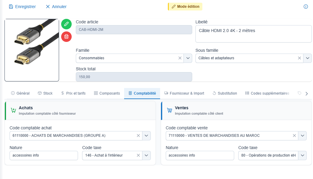 Fiche article, section Comptabilité : codes comptables et codes taxe pour l’achat et la vente, hérités de la famille et de la sous-famille
