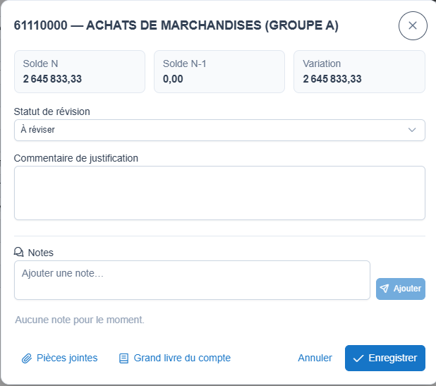 Feuille de révision d’un compte : statut, commentaire de justification, rappel des soldes N / N-1 et variation