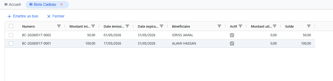 Liste des bons cadeau