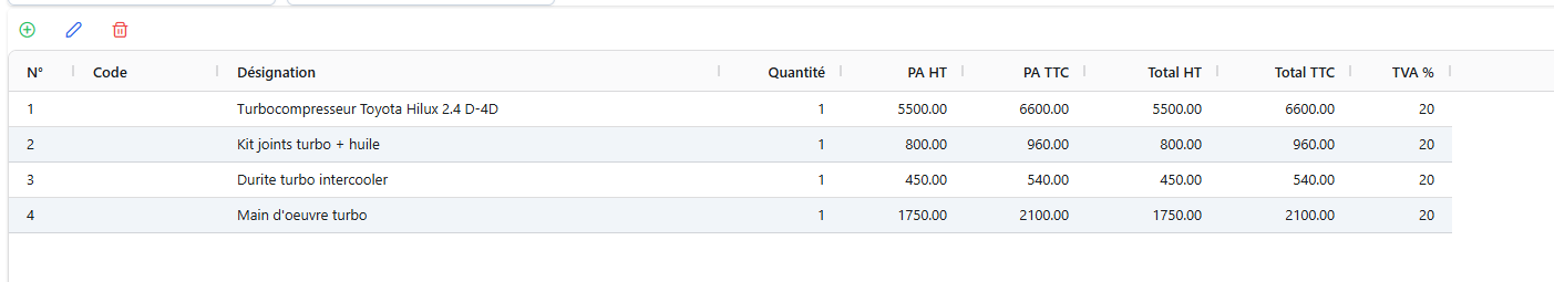Fiche réparation avec lignes de pièces