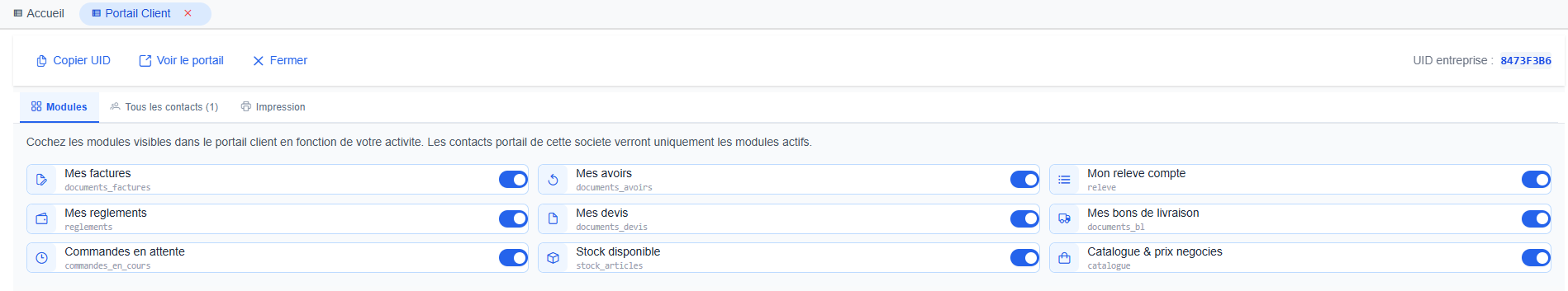 Onglet Modules