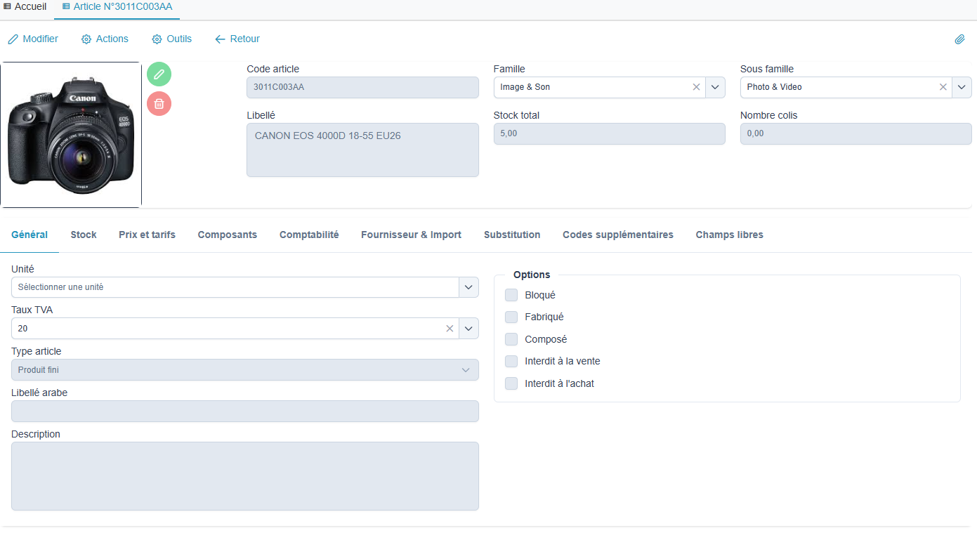 Fiche article - Onglet General