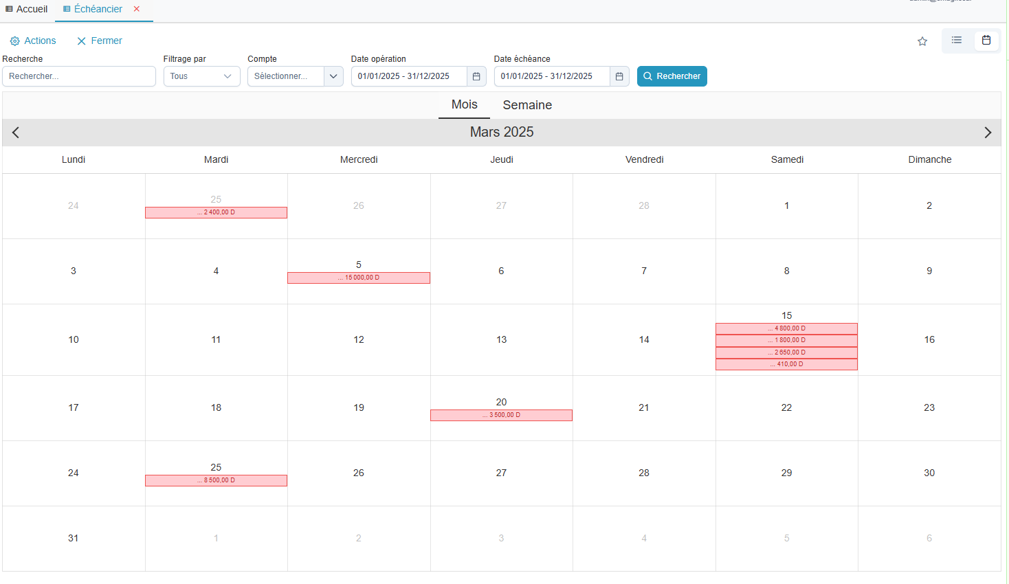 Echeancier - Vue calendrier