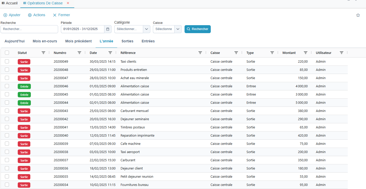 Liste des operations de caisse