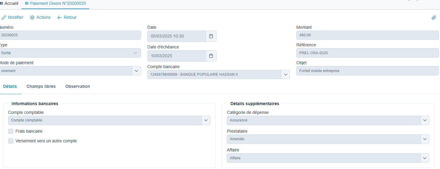 Fiche paiement divers