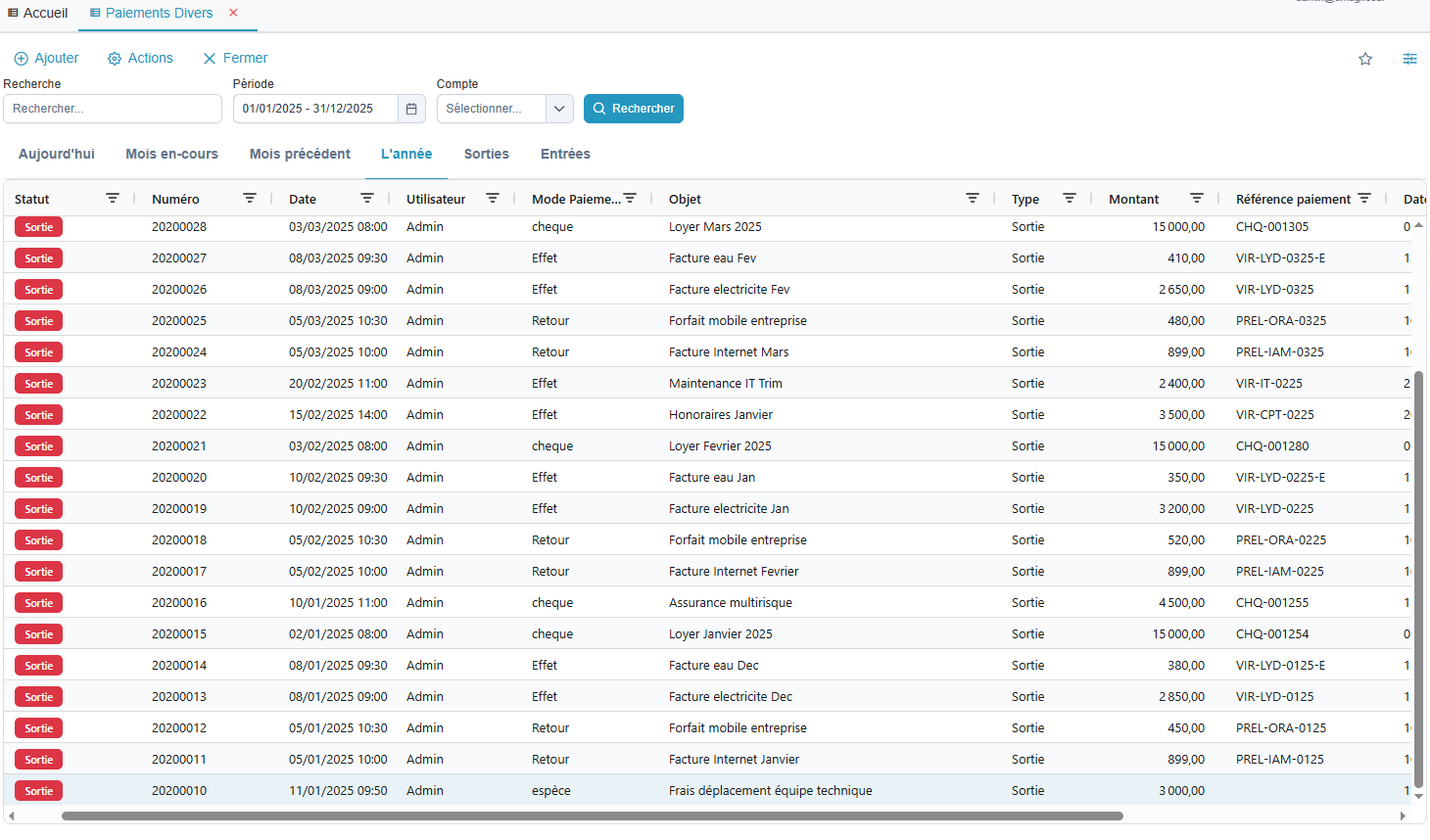 Liste des paiements divers
