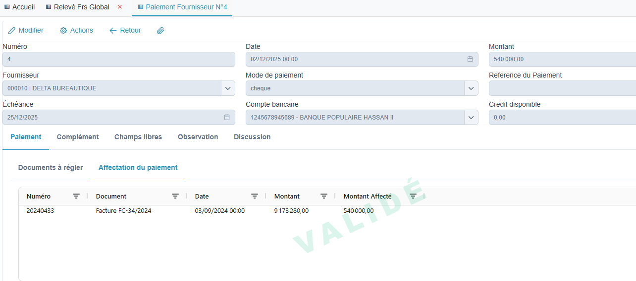 Fiche paiement fournisseur