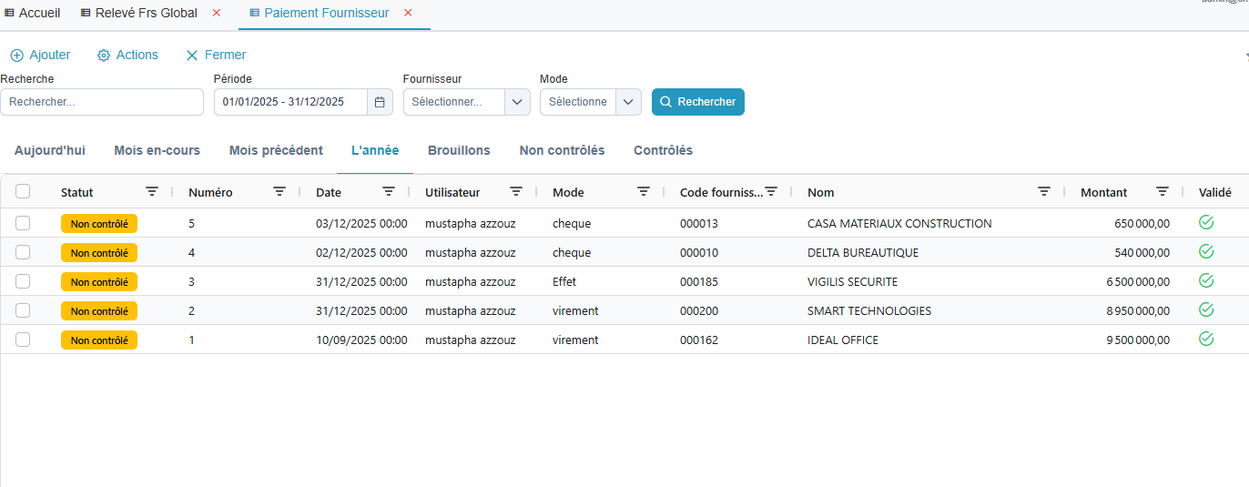 Liste des paiements fournisseurs