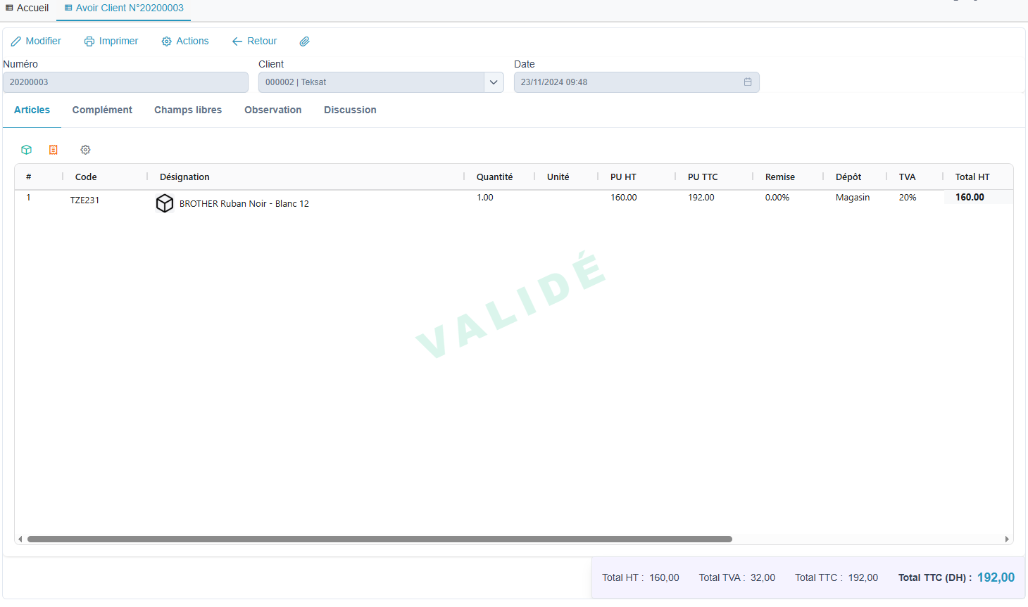 Liste des avoirs clients