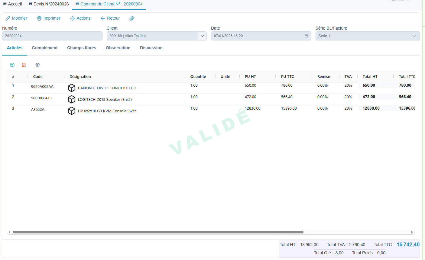 Fiche bon de commande client