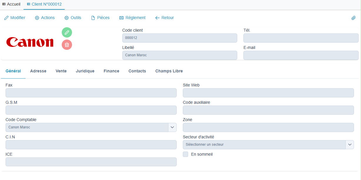 Fiche client - Onglet General