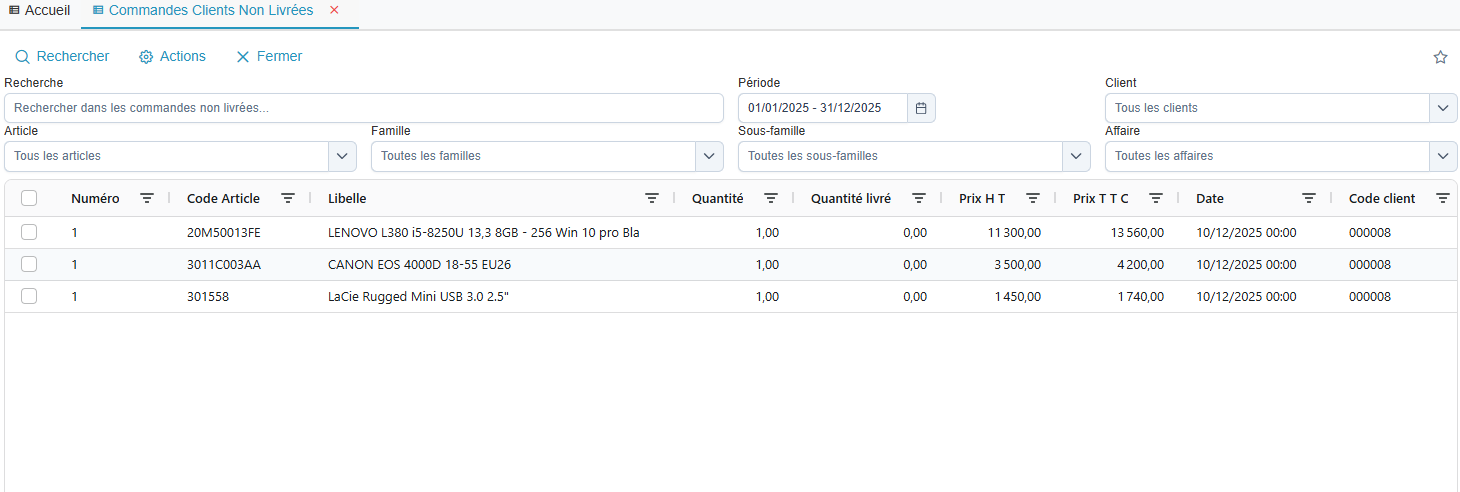 Journal commandes non livrees