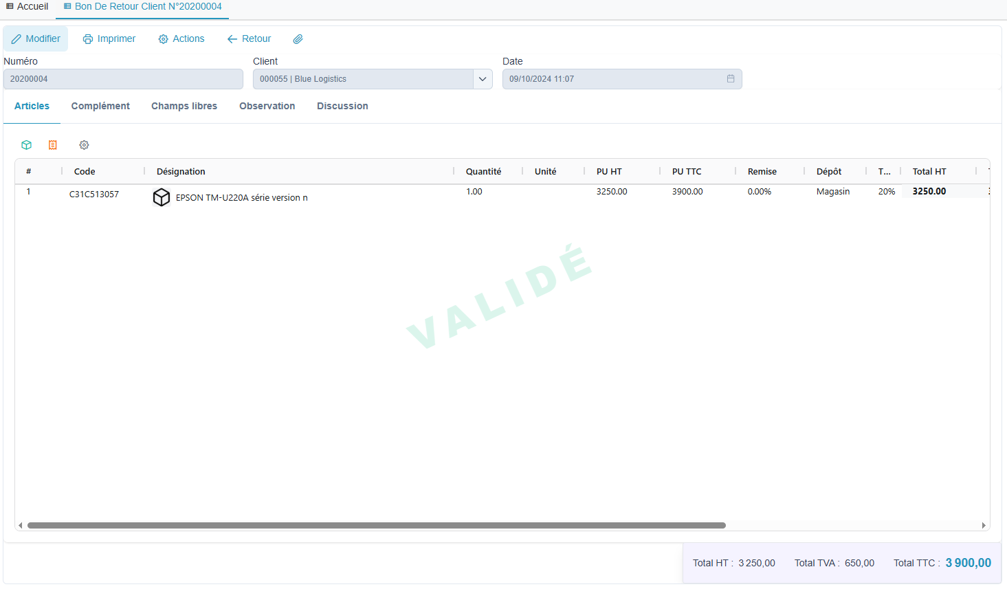 Fiche bon de retour client